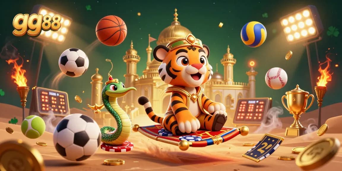 Win with gg88's vibrant casino adventure featuring a sultan on his magic carpet amidst sports thrills and treasures.
