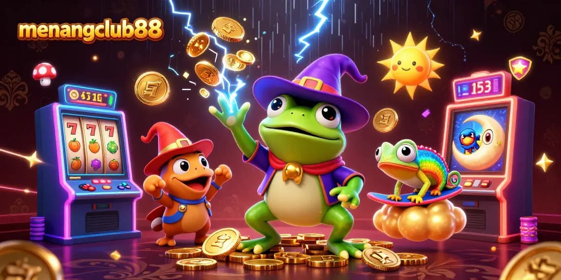 Experience the magic of menangclub88 with a vibrant casino scene featuring whimsical characters and dynamic game elements.