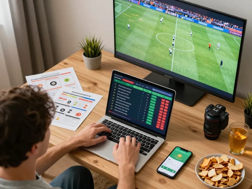 KÈO TRỰC TUYẾN action scene of a person engaged in online sports betting while watching a live football match.