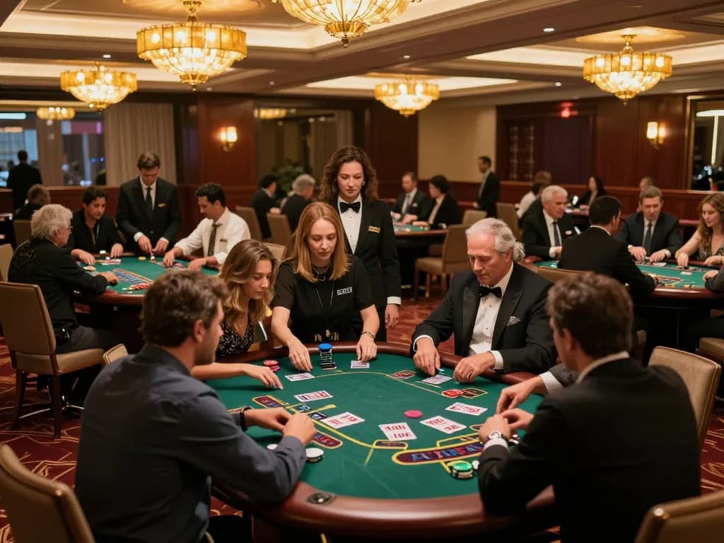 Sunwin players strategizing at blackjack tables in an upscale casino atmosphere