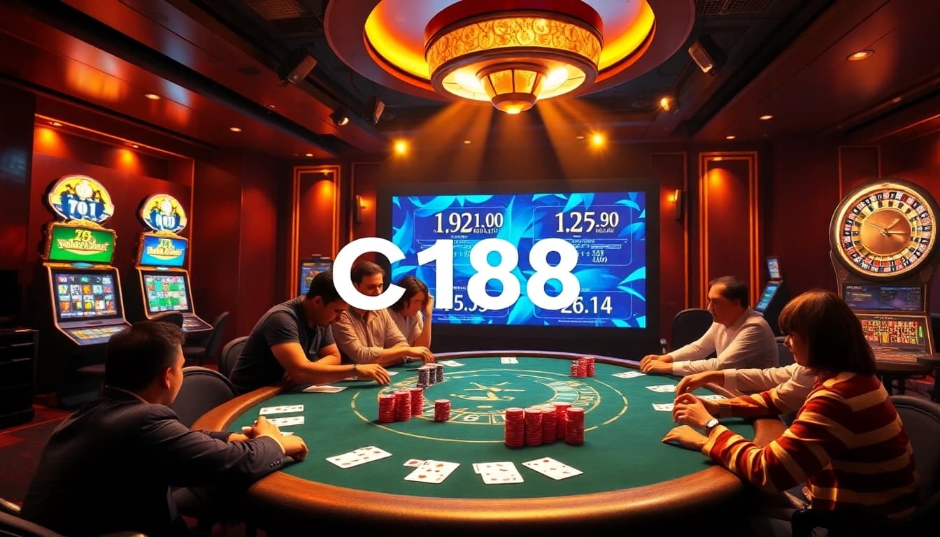 C168 online casino excitement with poker table and betting chips under warm lighting