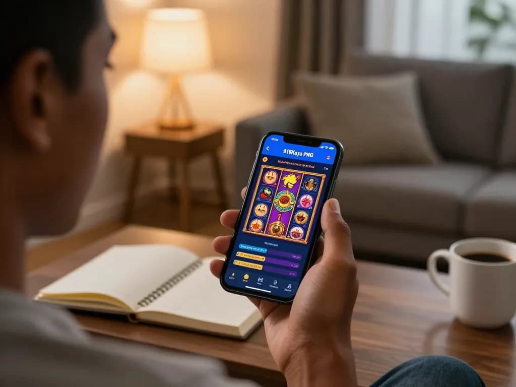 Engaging with 918Kaya PNG on smartphone for colorful slot games in a cozy home.