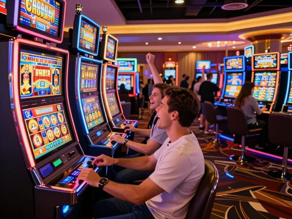 Players celebrating a jackpot win at vibrant slot machines in a lively casino.
