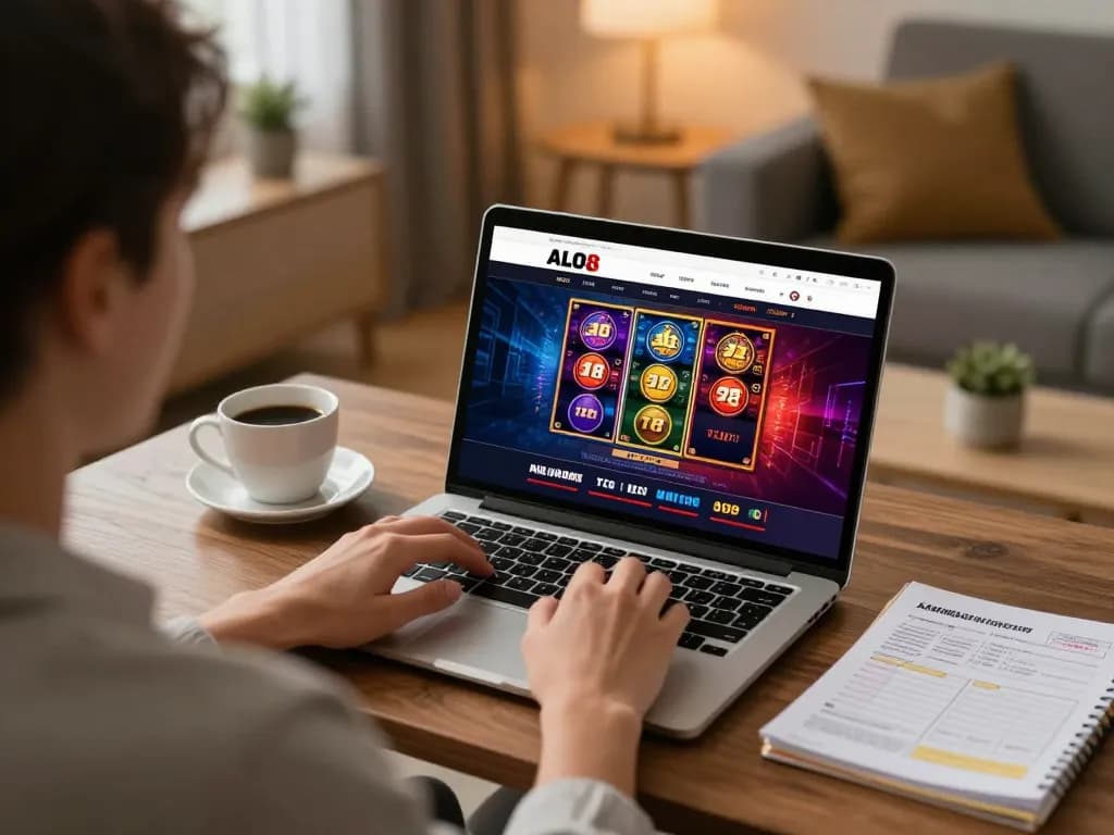 Playing ALO8 slots on a laptop in a cozy home setting enhances gaming experience.