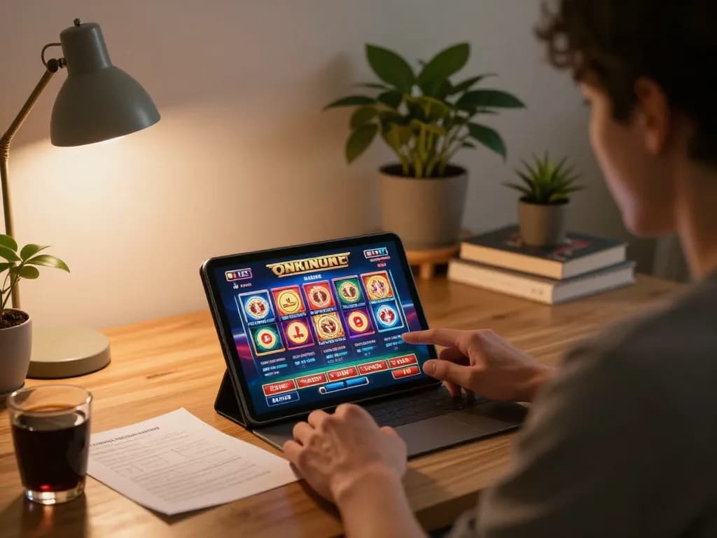 Player exploring thrilling slots at ph33 during cozy home gaming session, showcasing online casino experience