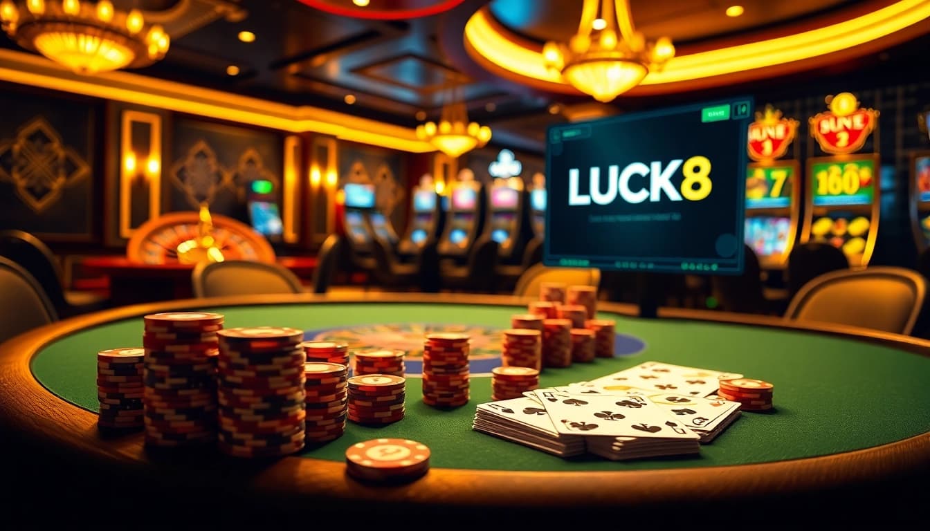 LUCK8 players enjoying a thrilling casino experience with poker chips and cards.