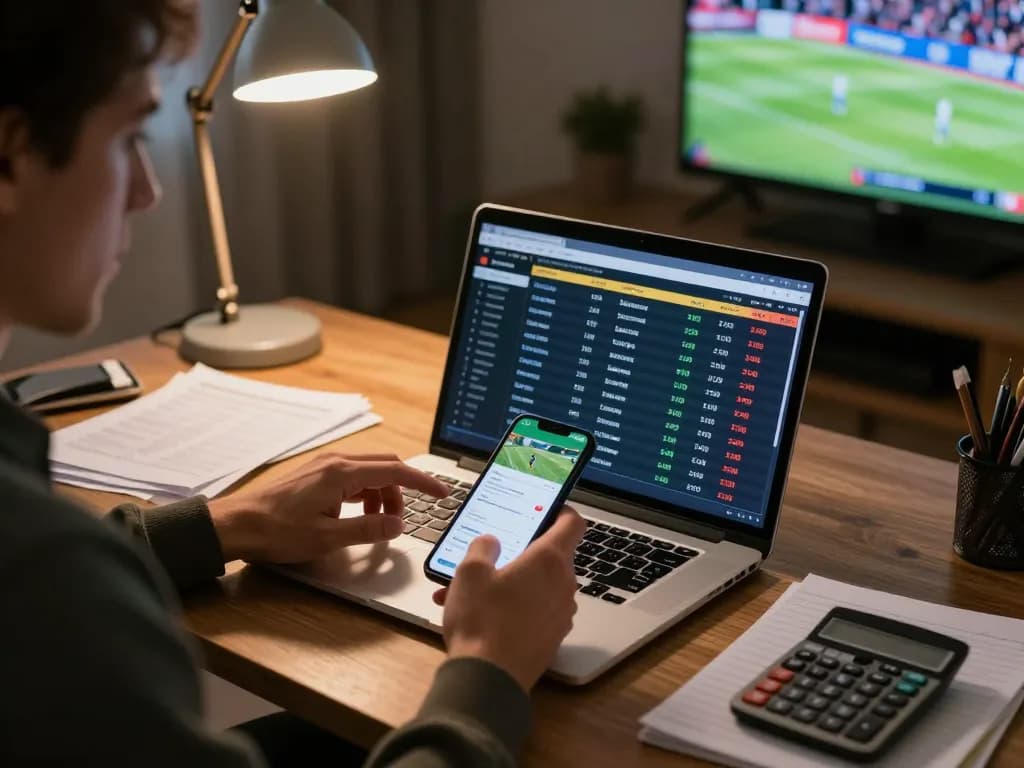 Engaged gambler analyzing stats on laptop and smartphone for optimal FABET betting strategies