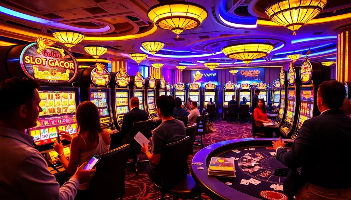 Players enjoying exciting Slot Gacor games with vibrant slot machines in a luxury casino setting.