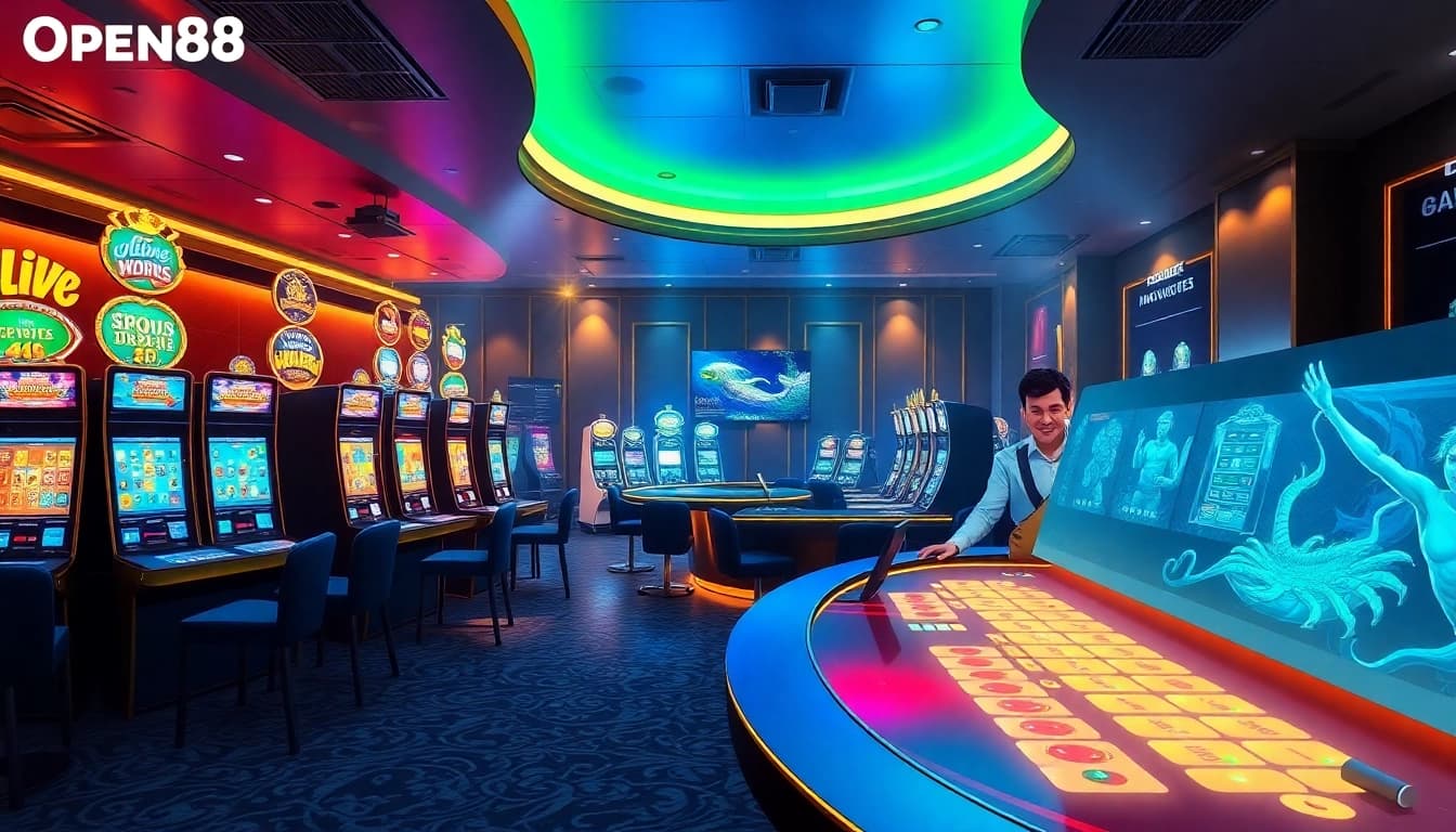 OPEN88 online casino featuring vibrant gaming atmosphere with slot machines and live dealer.