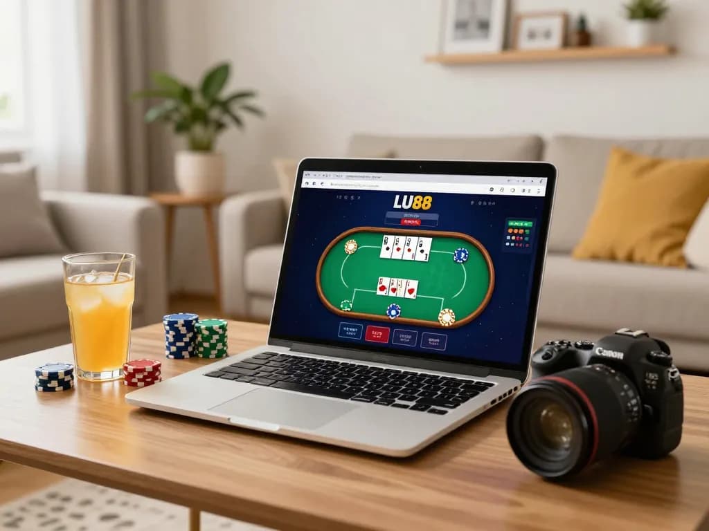 Engaging with LU88 online casino on a laptop in a cozy home setting, highlighting poker gameplay.