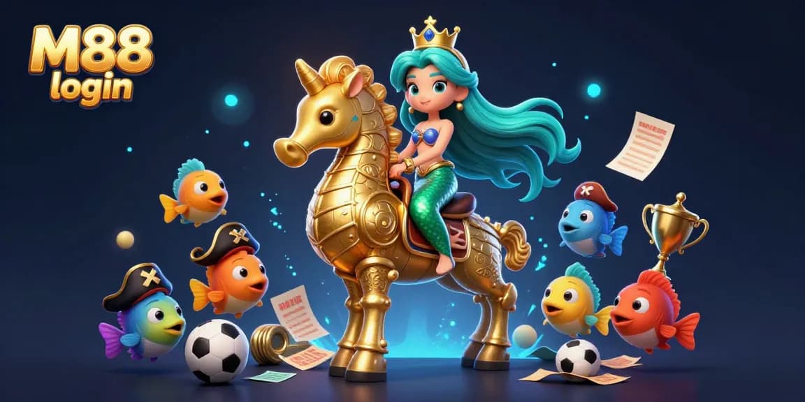 Experience M88 login with this vibrant 3D cartoon illustration showcasing sports betting excitement.