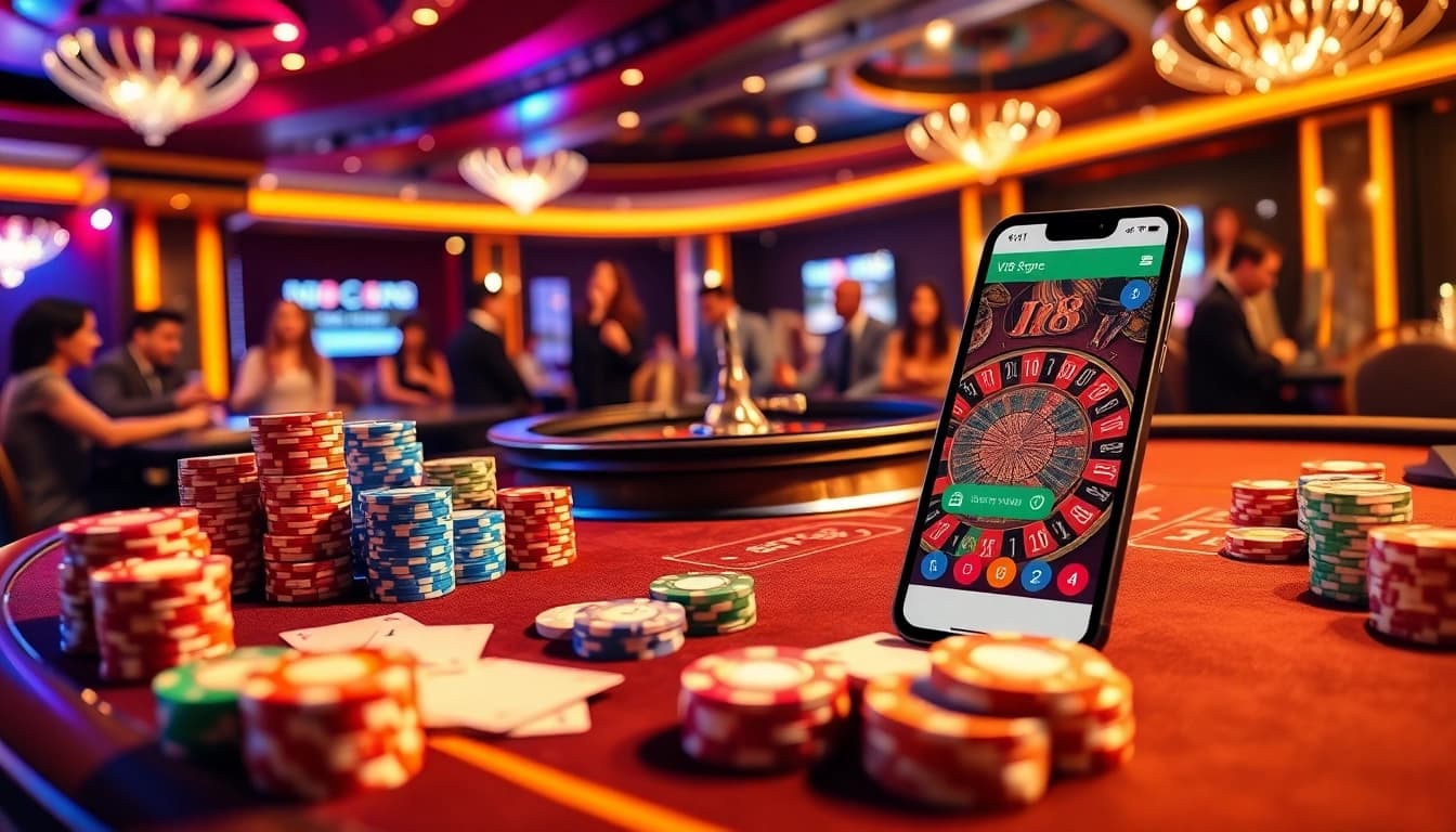 Experience thrilling game strategies at vn88 with a dynamic casino scene featuring roulette and poker.