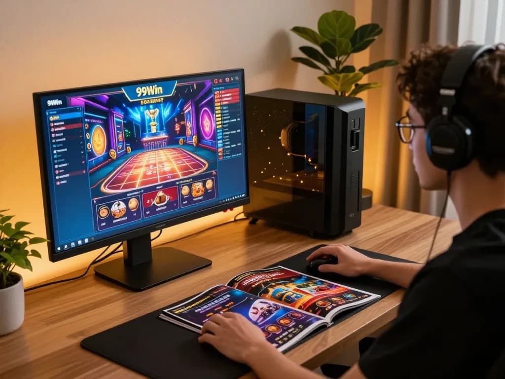 Engaged player exploring 99Win's exciting casino games on a stylish home setup