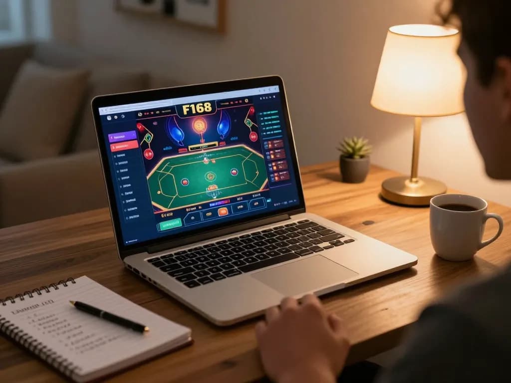 Player engaging in online casino gaming at F168 with a laptop showcasing vibrant game graphics.
