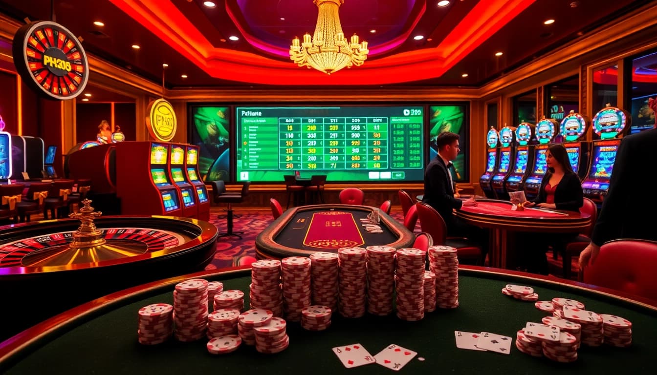 PH365 casino gambling scene with roulette table, slot machines, and excitement.