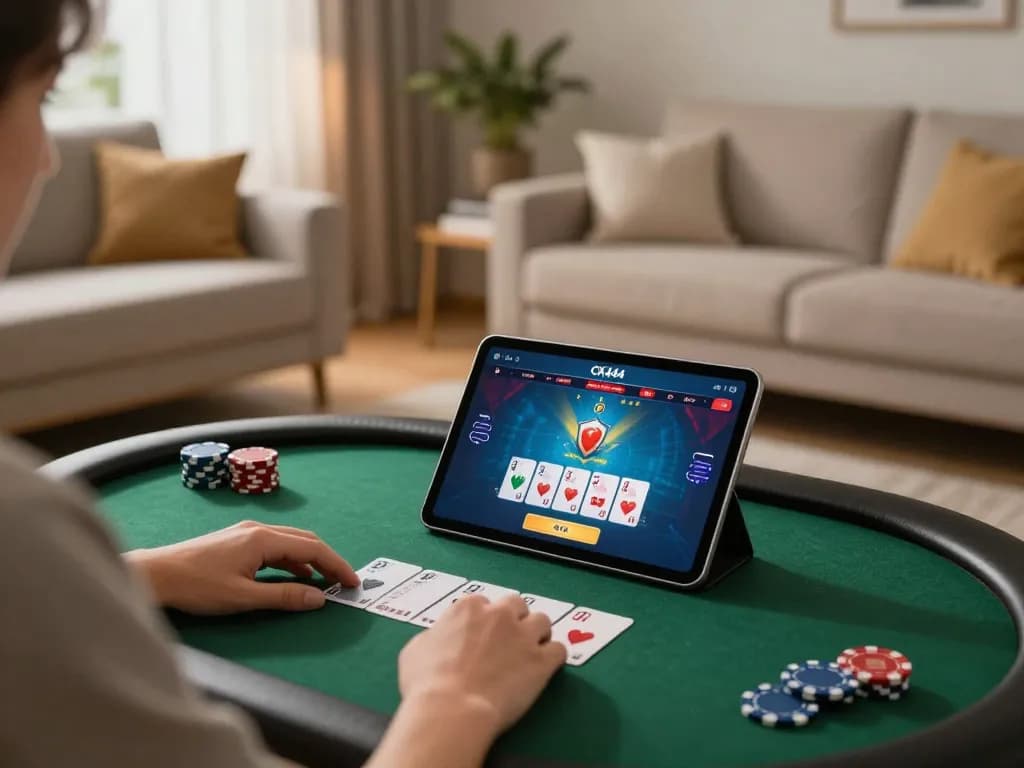 Playing poker on the CK444 app in a cozy home setting with vibrant graphics and casual ambiance.