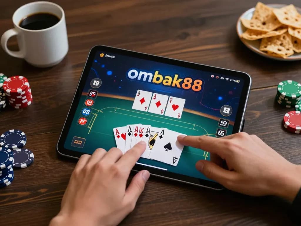 Pemain Ombak88 merencanakan strategi selama permainan poker online yang menarik di tablet yang elegan di rumah.
