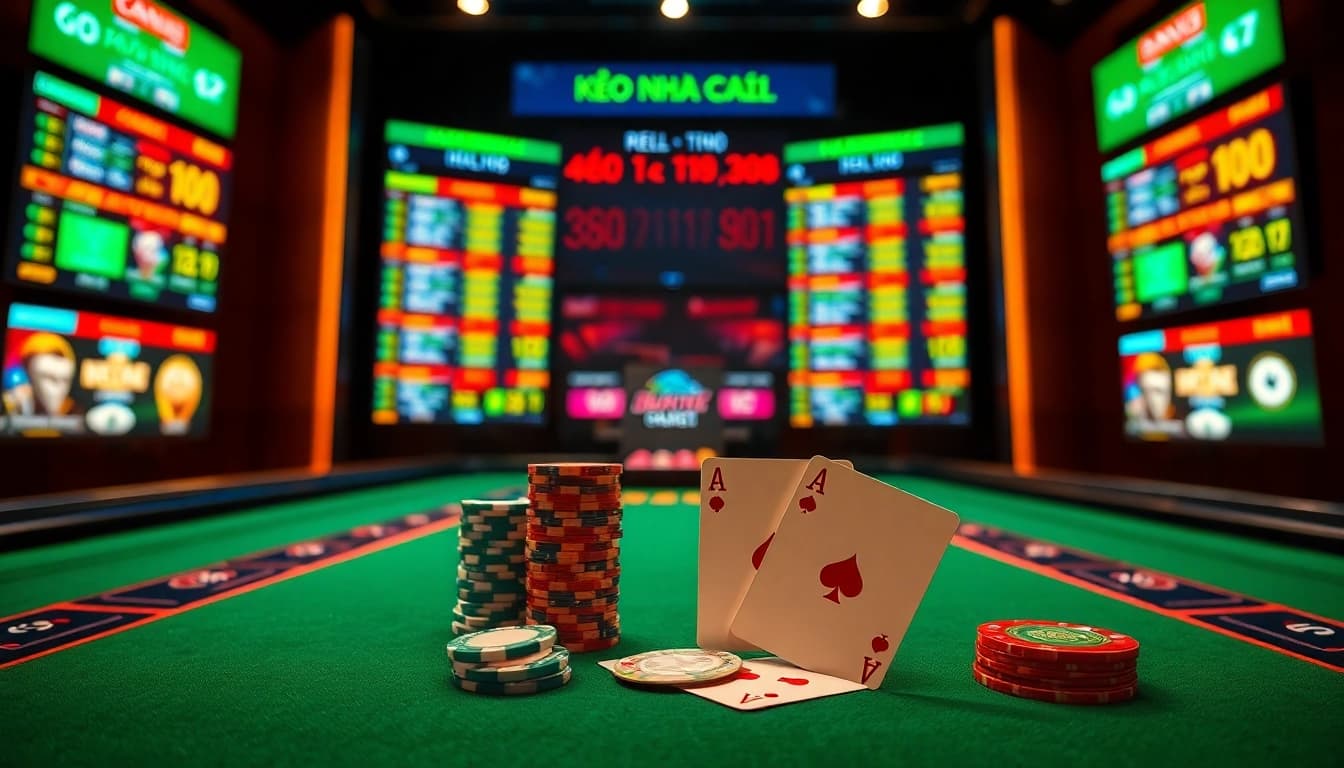 Kèo Nhà Cái 5 betting action at a lavish casino table, with poker chips and odds displayed.