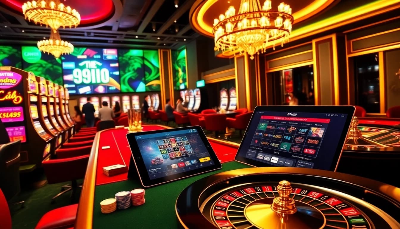 Experience the thrill of 99WIN with exciting poker tables and vibrant slot machines in a luxury casino setting.