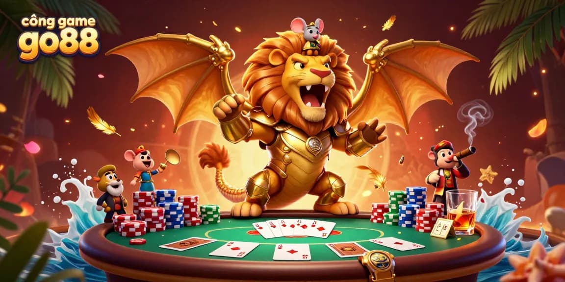Experience the thrill of cổng game go88 with a fantastical 3D scene featuring a majestic chimera and poker elements.