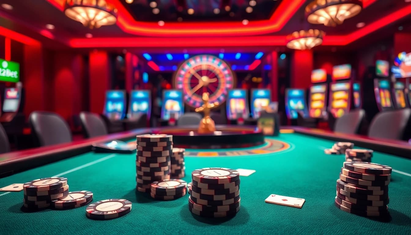 Experience high-stakes excitement at 12BET's luxurious poker table with vibrant casino visuals.