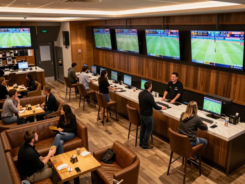 Engaging sports betting scene illustrating mb66 with patrons placing bets and enjoying excitement.