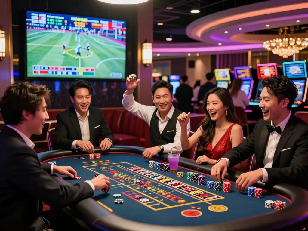 Friends celebrating at a casino table during a thrilling night at 789win, vibrant atmosphere with neon lights and gaming excitement.