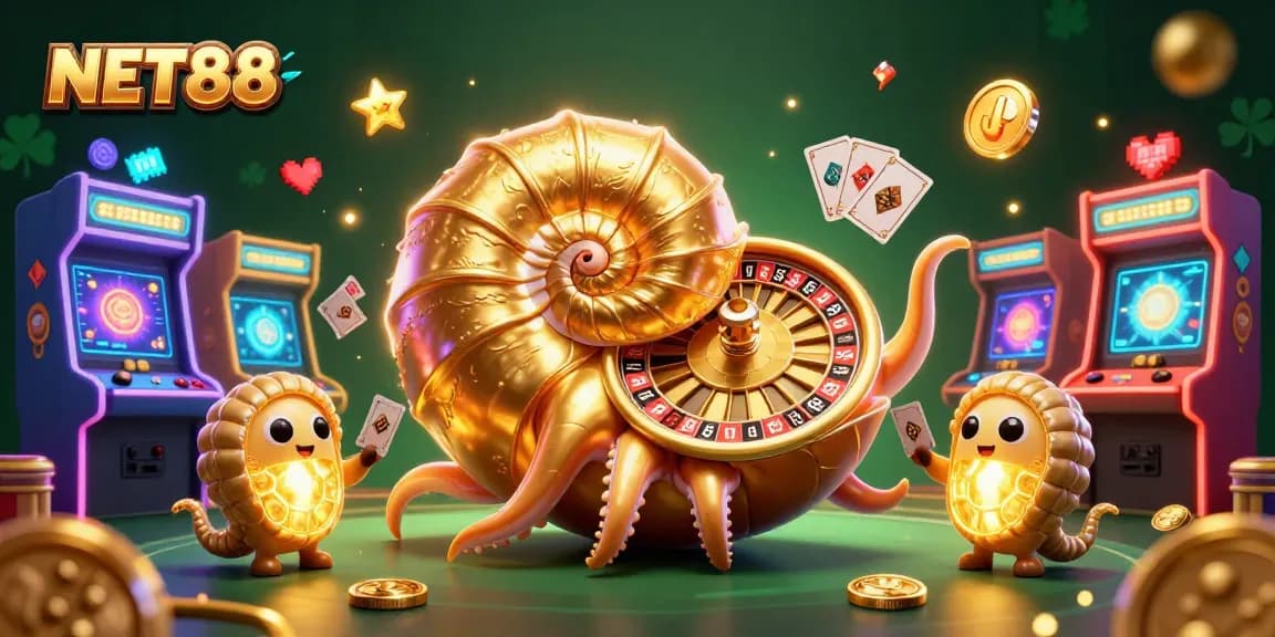 NET88 showcases a lively casino scene with a giant nautilus roulette wheel and glowing arcade elements.
