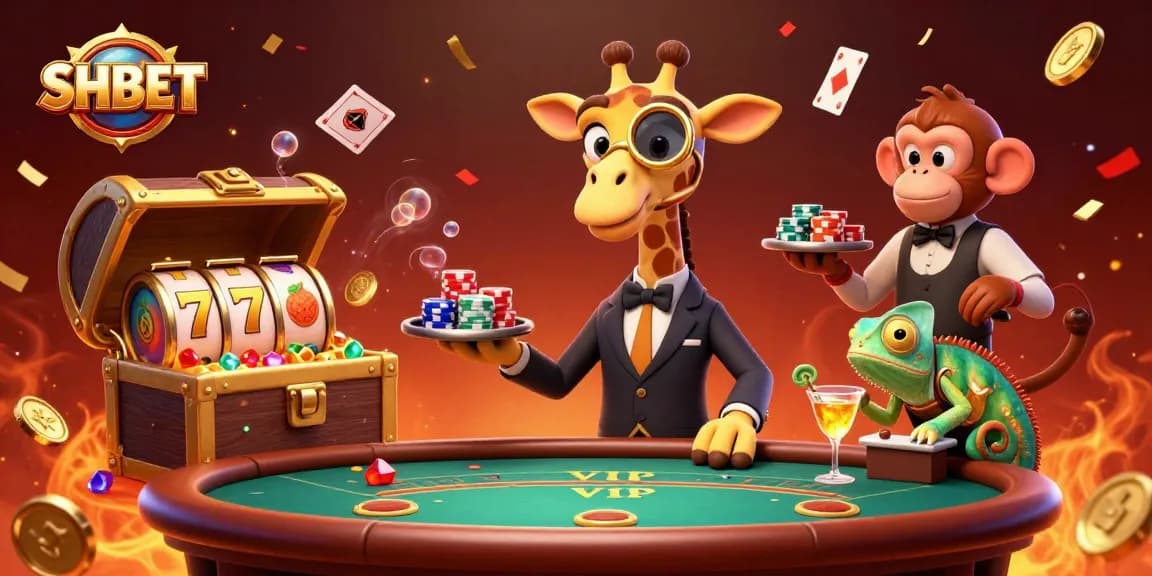 Experience vibrant SHBET casino entertainment featuring high-roller giraffe, monkey valet, and chameleon bartender.