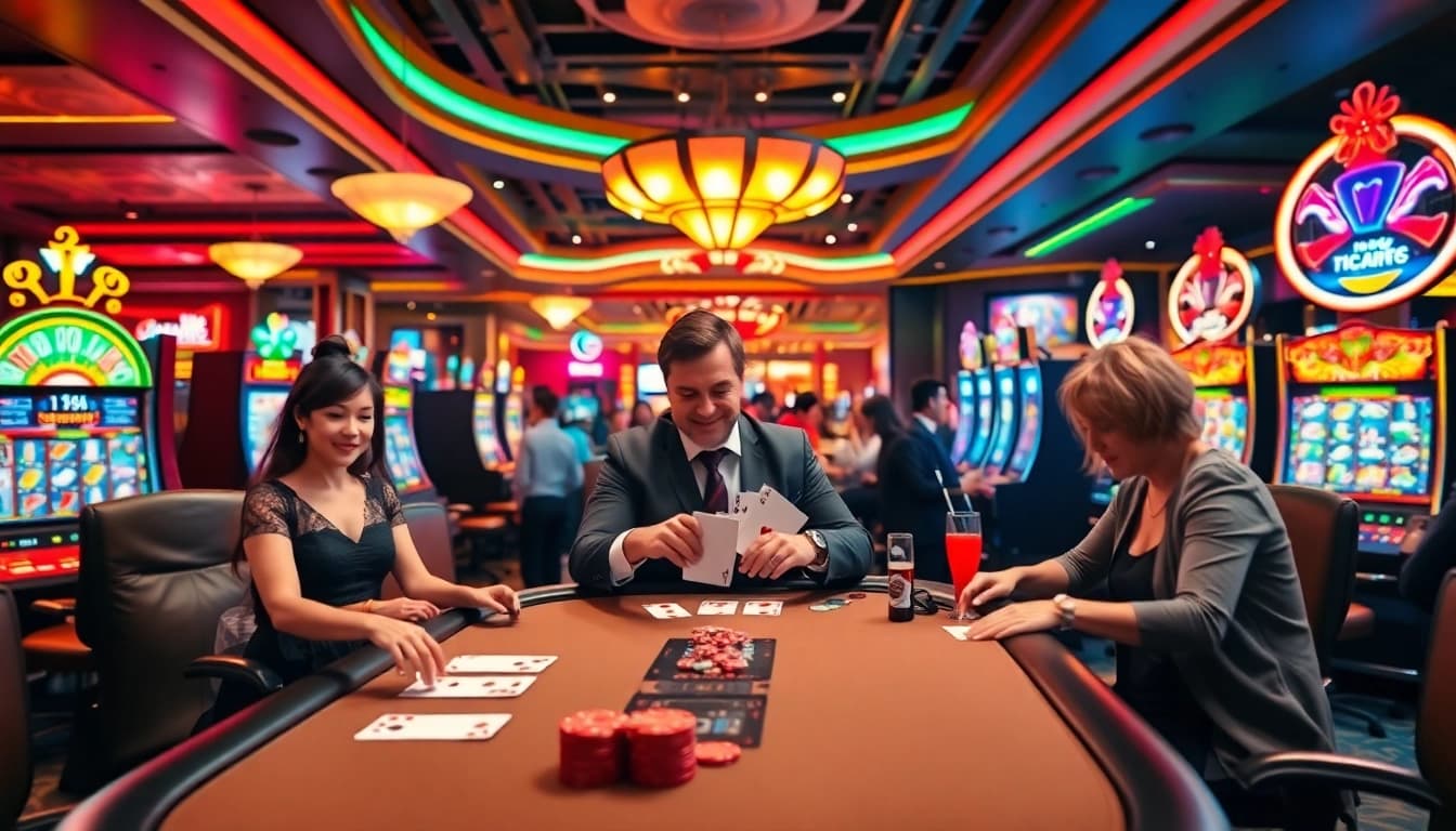 Permainan kasino nekototo yang seru di meja poker, penuh dengan pemain gembira.