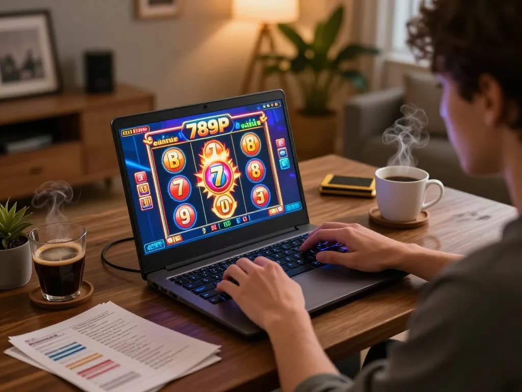 Playing 789P slots on a laptop in a cozy home environment with gaming strategy notes.