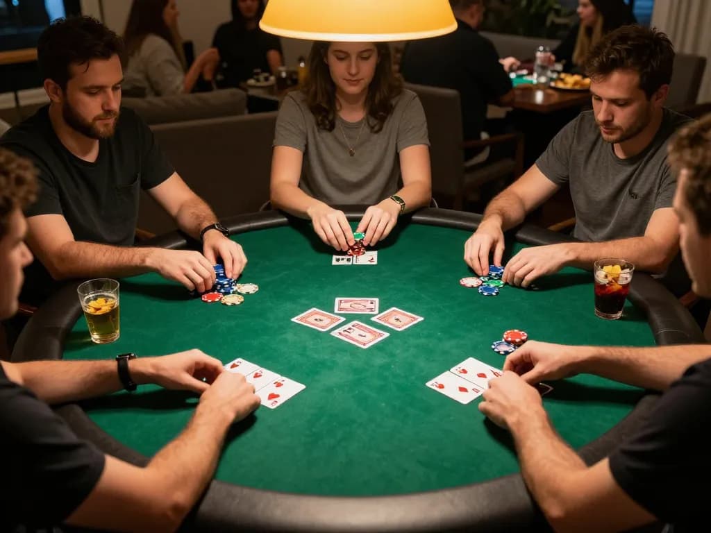 Active players enjoying a lively poker game at home, showcasing community cards and chips in a casual setting, rikvip