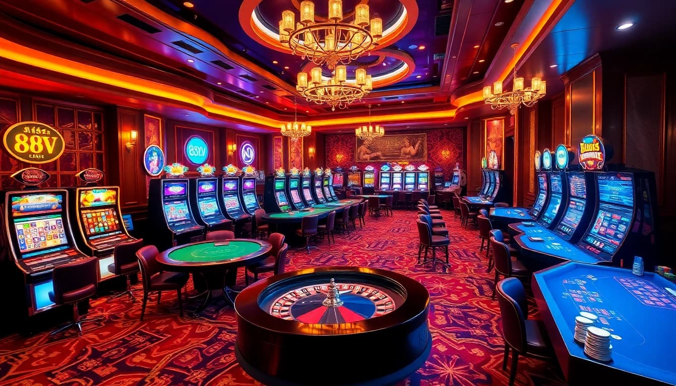 Experience the thrill of 88vv with a vibrant casino scene featuring slot machines and poker tables.