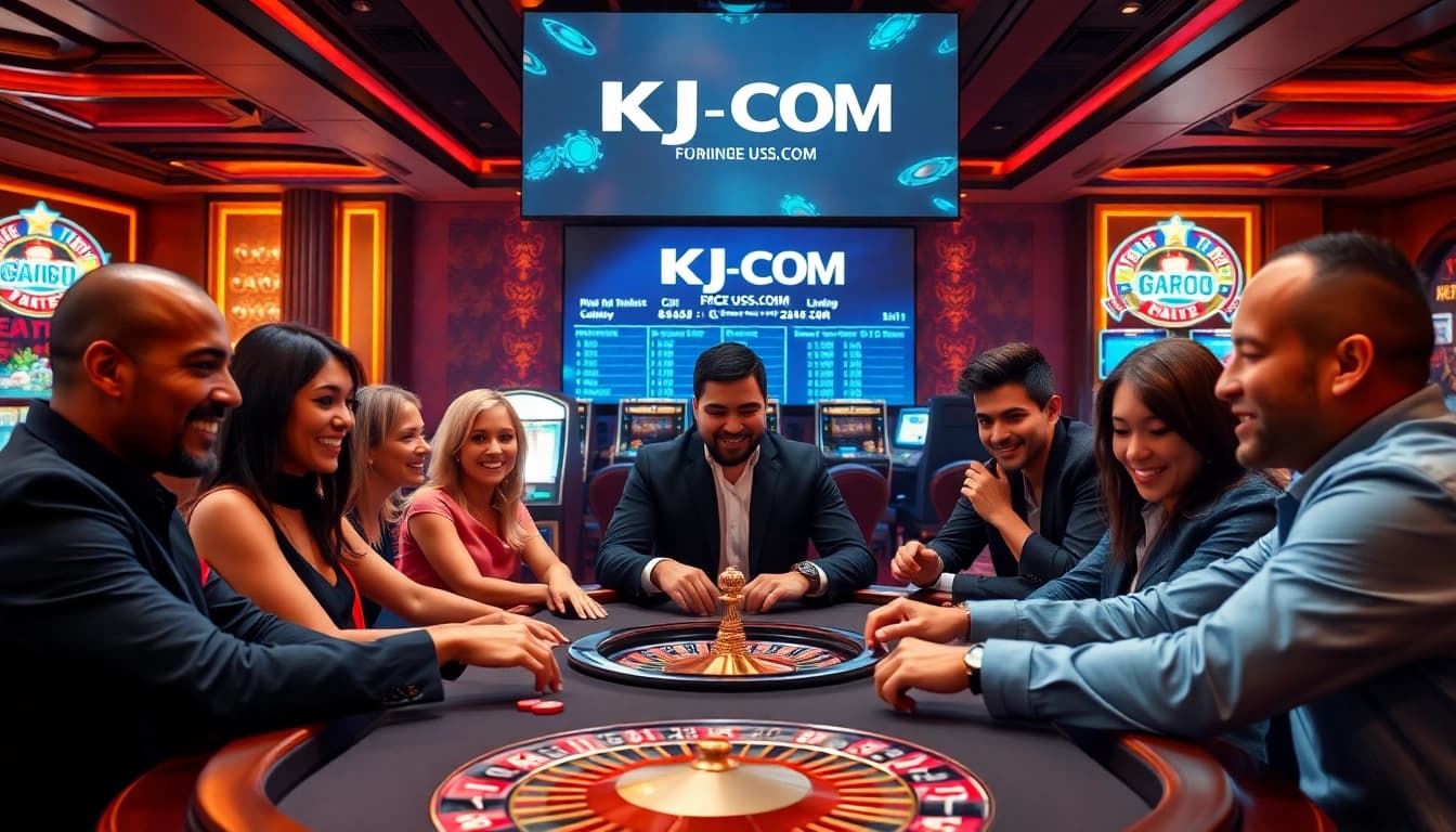 KJC US COM players enjoying luxury casino gaming at a vibrant table with poker chips and roulette wheels.