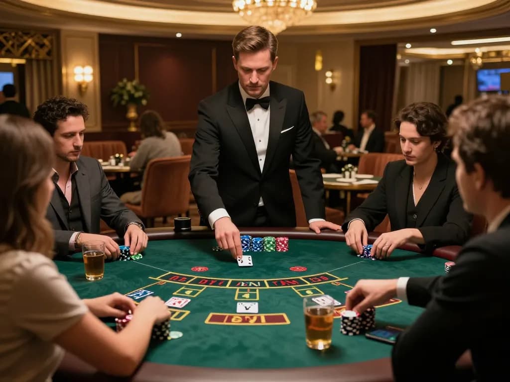 Kuwin players engaging in live blackjack with a dealer, showcasing a vibrant casino atmosphere.