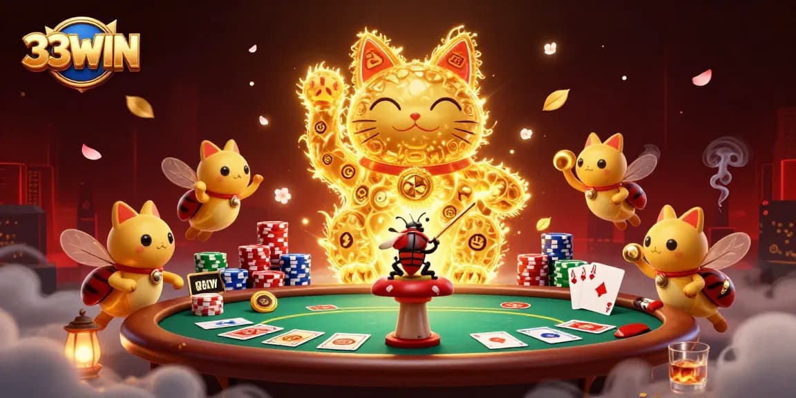 Experience thrilling casino action with 33WIN's dynamic lucky cat surrounded by vibrant gaming elements.