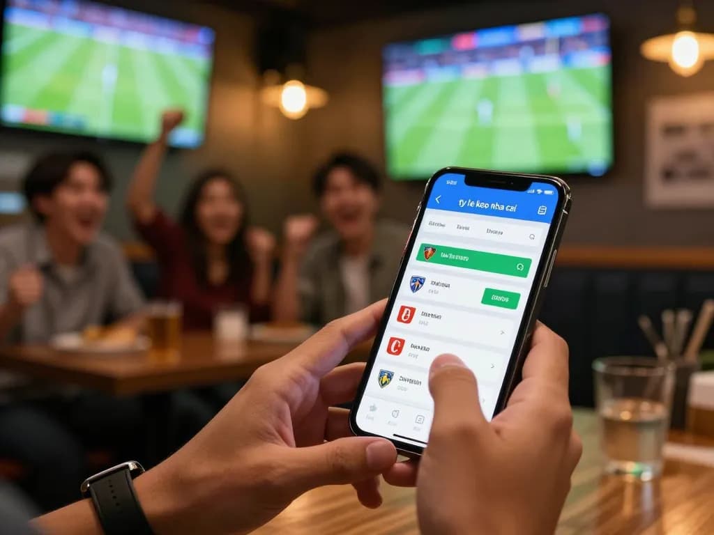 A sports bettor analyzing ty le keo nha cai on a mobile app in a lively bar setting.