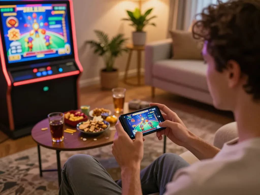 Enjoying an exciting online gaming session with o8casino on smartphone in a cozy living room