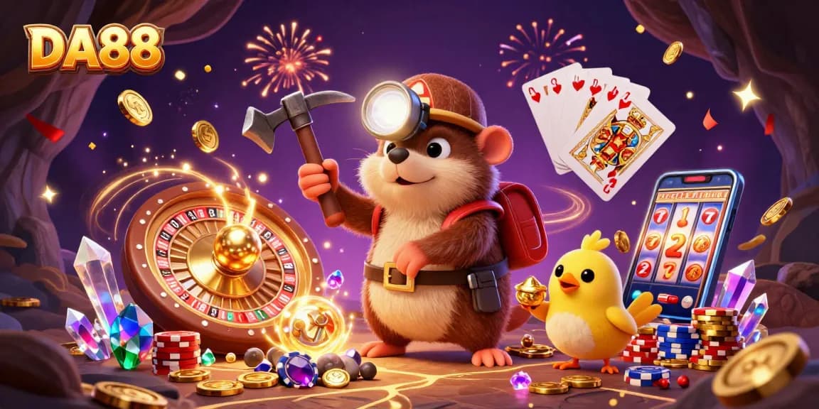 Engage with DA88's thrilling casino adventure featuring a treasure hunter mole in vivid colors.