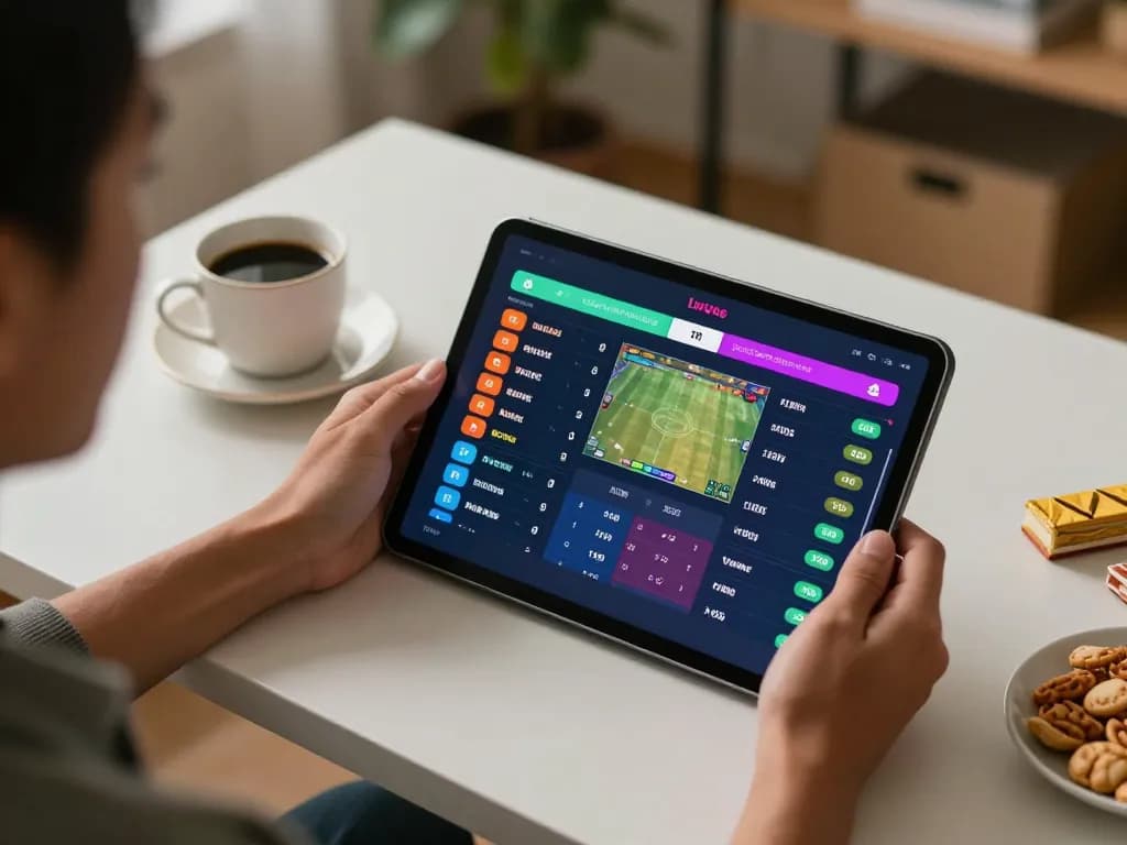 Engaging sports betting experience on 388bet tablet, showcasing live odds and game stats in a cozy home office