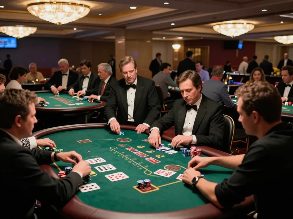 A thrilling blackjack game at a casino with players engaging, showcasing strategic decision-making in nohu atmosphere
