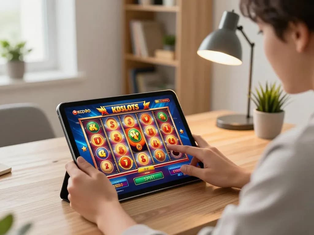 Enjoying the kdslots experience on a tablet in a cozy home environment.
