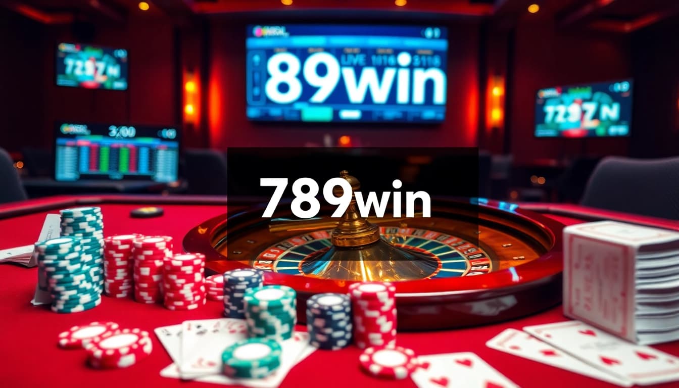Players engage in thrilling games at 789win's luxurious online casino, filled with poker chips, roulette, and cards.
