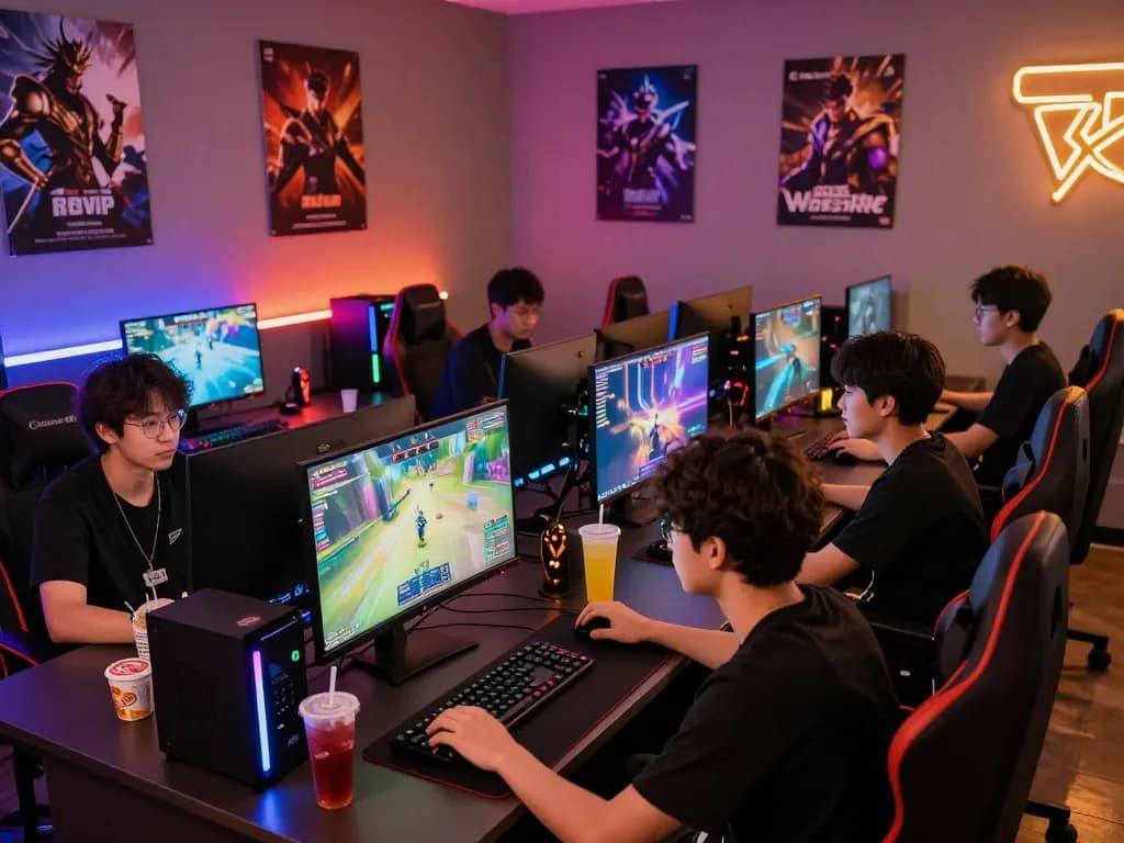 Cổng game Rikvip players enjoying a vibrant gaming atmosphere in a modern lounge.
