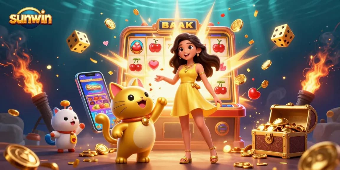 Play casino games with sunwin's exciting slot machines and golden lucky cat mascot.