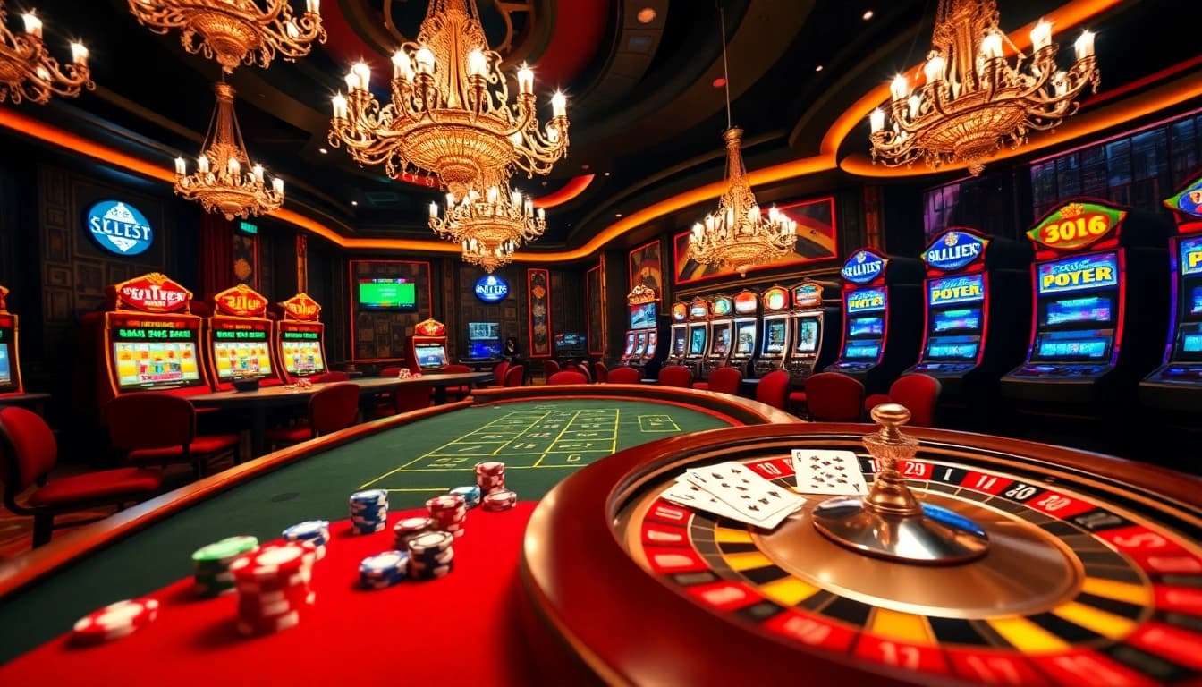 Experience the excitement of gambling at hz88 with a vibrant casino scene featuring poker tables and slot machines.