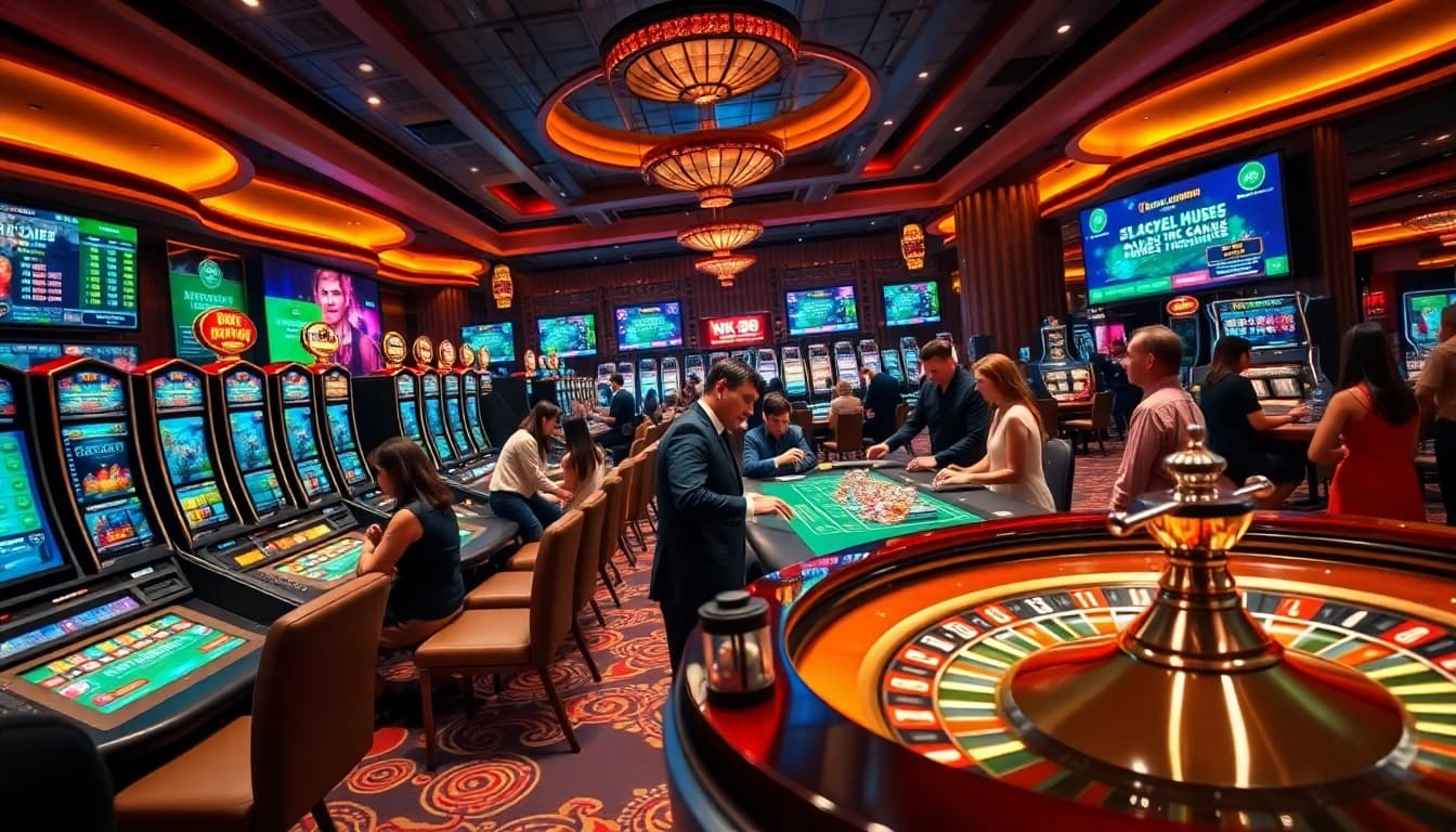 NK88 online casino scene showcasing vibrant games and excited players engaged in gambling.