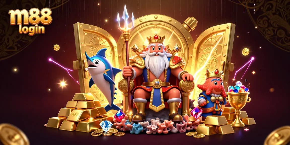 Experience the excitement at m88 login with Neptune and treasures in a vibrant casino scene.