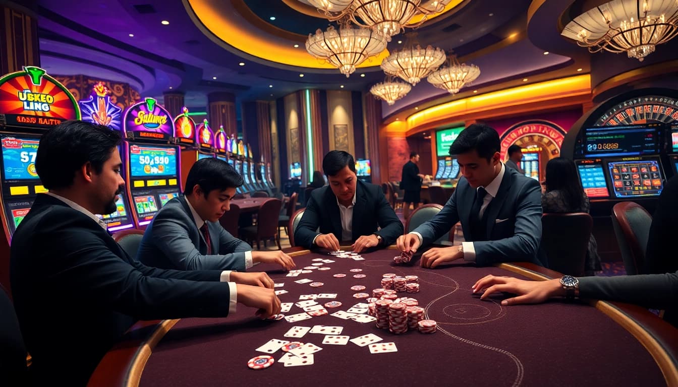 Experience thrilling poker games at uu88 casino, complete with vibrant chips and elegant players.