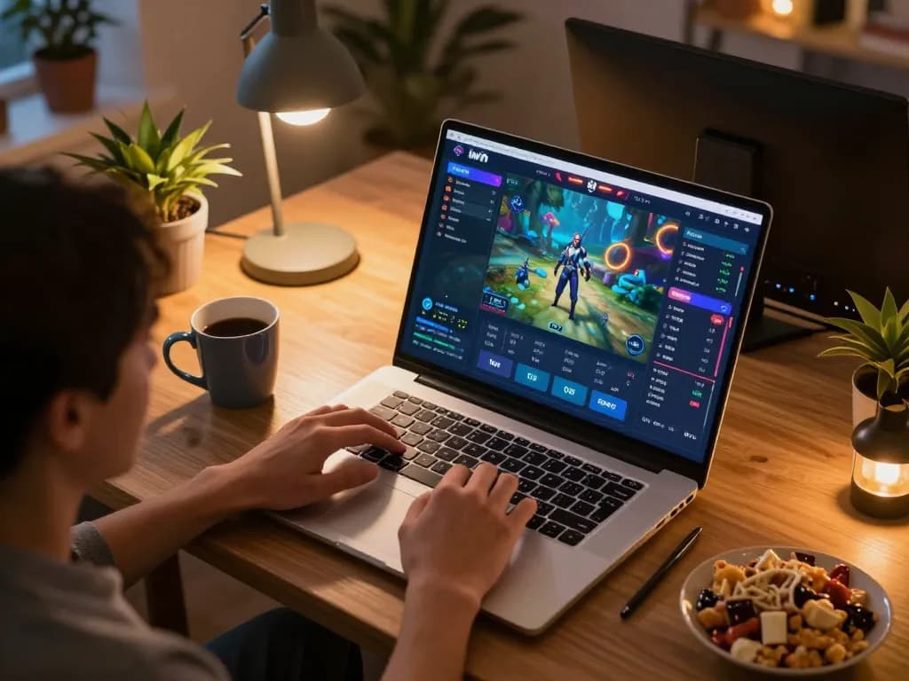 Player enjoying iwin gaming on laptop in a cozy home setup, emphasizing responsible gaming.